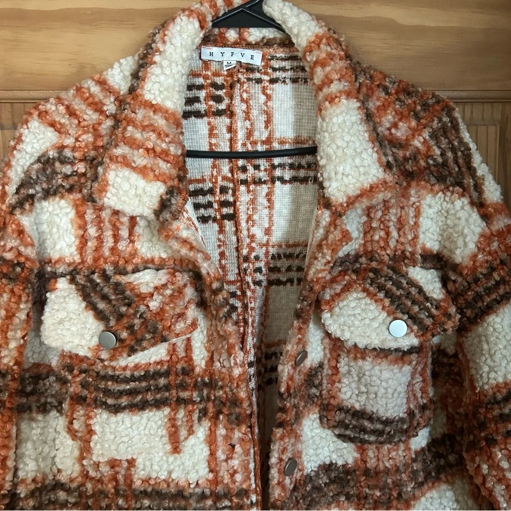 HYFVE Plaid Teddy Jacket - Cream, Orange, Brown - Picture 3 of 7